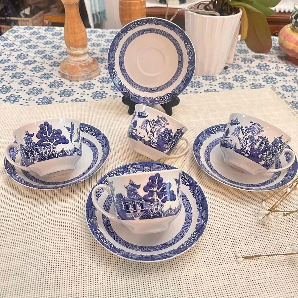 Royal Cuthbertson Blue Willow Blue White Tea cups‎ & Saucers Set of 4 Porcelain